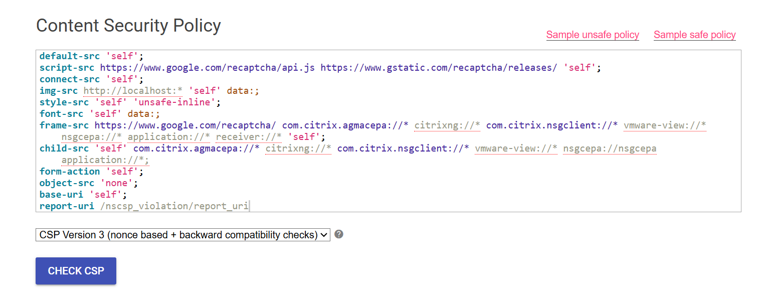 CSP Evaluator (Google) - resultat sur la gateway avec la CSP par defaut